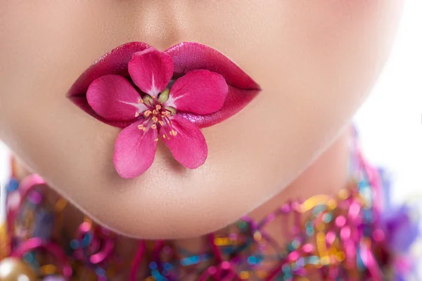 Bibir perempuan menutup. Seorang gadis memegang bunga di bibirnya. Sempurna make-up untuk lipstik merah ungu — Stok Foto