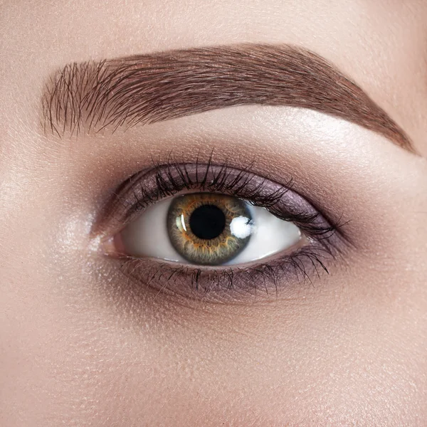 Γκρο πλαν θηλυκό μάτι. Μακροεντολή. Τέλειο μακιγιάζ και τα φρύδια. Όμορφα πράσινα μάτια — Φωτογραφία Αρχείου