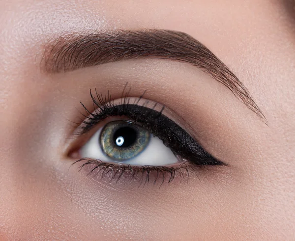 Female eye close-up. Macro. Perfect makeup and eyebrows. Beautiful gray eyes — Stock Photo, Image