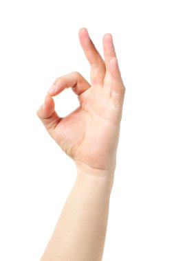 Adam el izole üzerinde beyaz arka plan oturum açın. Tamam jest