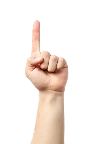 Signo de mano de hombre aislado sobre fondo blanco. dedo apuntando hacia arriba — Foto de Stock