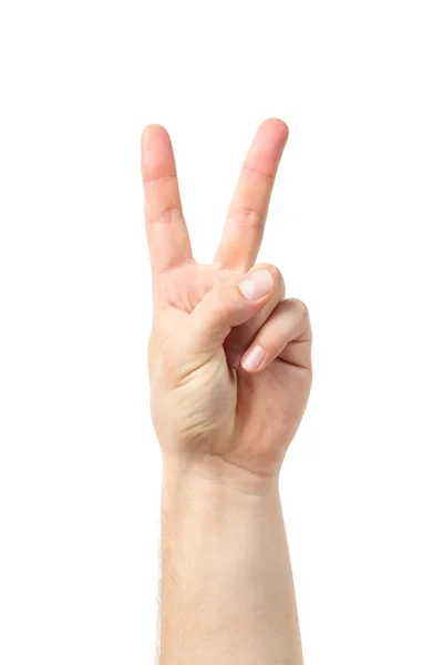 Signo de mano de hombre aislado sobre fondo blanco. dos dedos levantados hacia arriba. V. — Foto de Stock