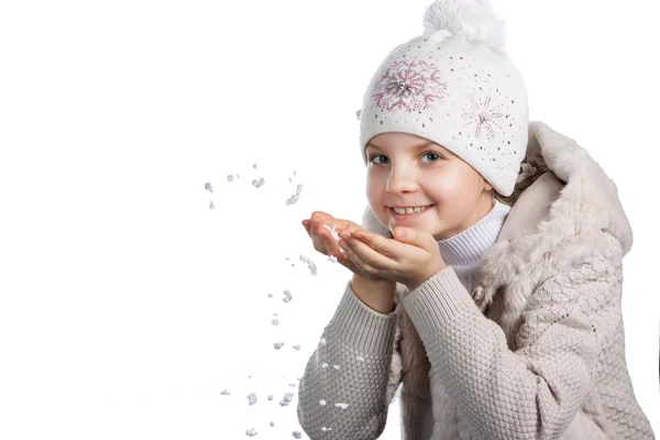 Cute little girl in warm clothes on white background — Stock Photo, Image