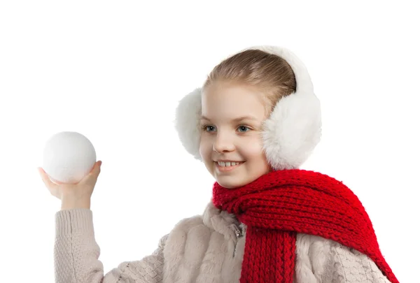 Menina muito alegre em coisas quentes de inverno com cachecol de malha — Fotografia de Stock