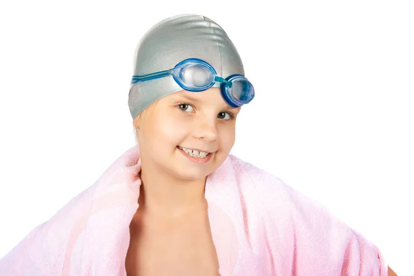 Portrait of a young girl in goggles and swimming cap. Isolated o — Stock Photo, Image