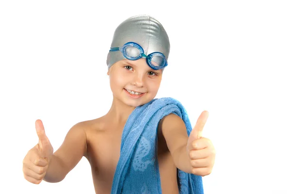 Portrait d'une jeune fille en lunettes et bonnet de bain. Isolé o — Photo