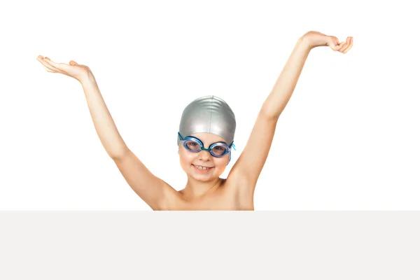 Portrait of a young girl in goggles and swimming cap. Isolated o — Stock Photo, Image