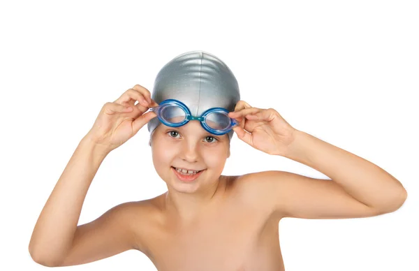Portrait of a young girl in goggles and swimming cap. Isolated o — Stock Photo, Image