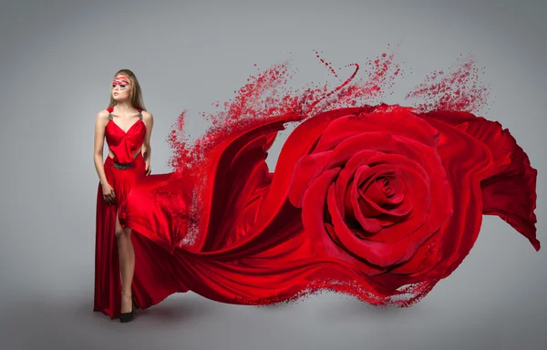 Blonde in windy red and white dress — Stock Photo, Image