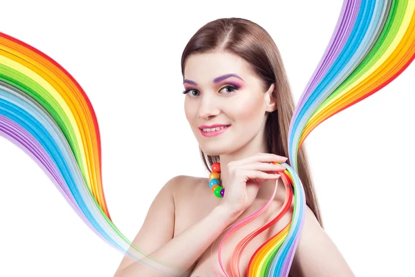 Retrato de una chica con maquillaje brillante y accesorios de colores — Foto de Stock