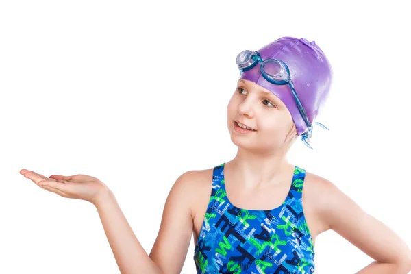 Portrait of a young girl in goggles and swimming cap. — Stock Photo, Image