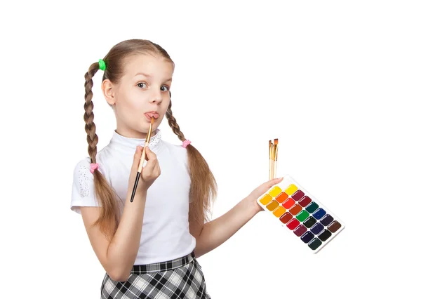 Portret szczęśliwy dziewcząt. Uczennica rysuje farby — Zdjęcie stockowe