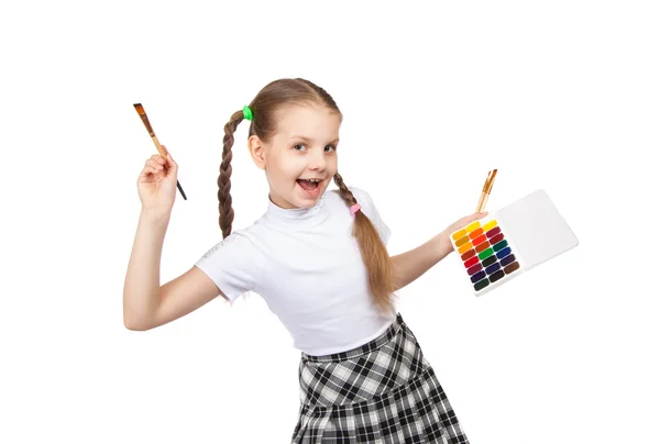 Portrait of happy girls. Schoolgirl draws paints — Stock Photo, Image