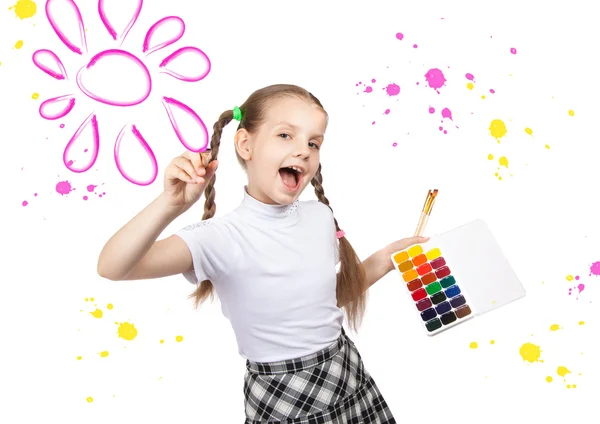 Portret van gelukkig meisjes. Schoolmeisje trekt verven — Stockfoto