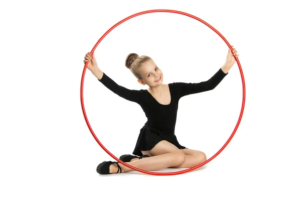 Happy girl gymnast with a hoop — Stock Photo, Image