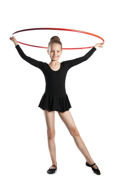 Happy girl gymnast with a hoop — Stock Photo, Image