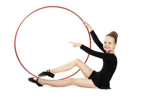 Happy girl gymnast with a hoop — Stock Photo, Image