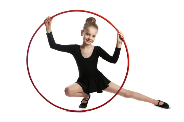 Happy girl gymnast with a hoop — Stock Photo, Image