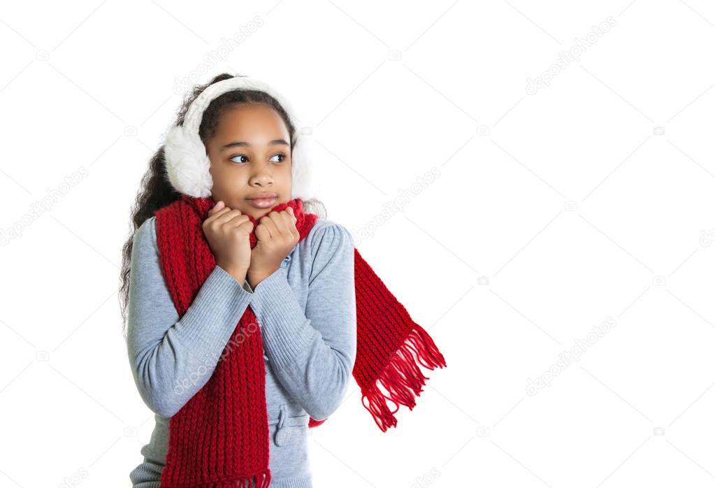 A beautiful dark-skinned girl in a red scarf. Cold. Girl froze