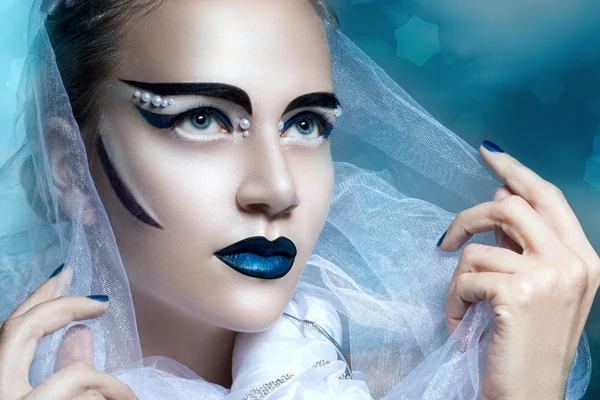 Retrato de invierno de una mujer con maquillaje creativo. belleza nevada. Maquillaje impecable, forma perfecta. Belleza fría — Foto de Stock