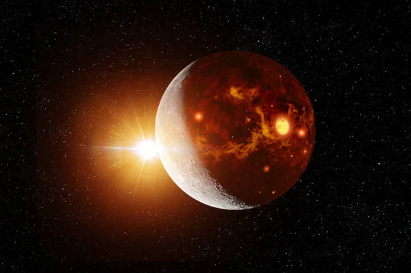 戏剧性的热行星地球和月球的3D图解 — 图库照片