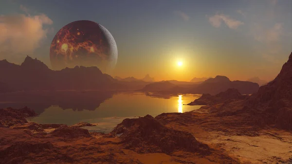 Renderização Planeta Vulcão Acima Mundo Alienígena — Fotografia de Stock