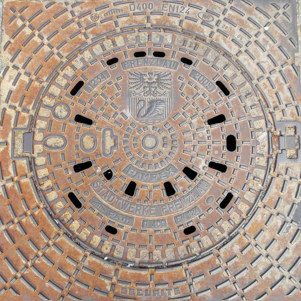 Manhole Cover Sewerwith Inscription City Works Prenzlau — Stock Photo, Image