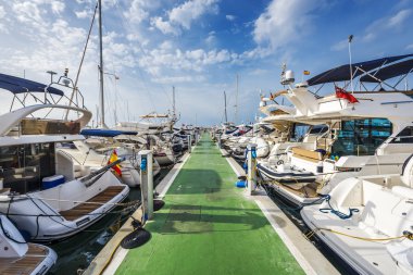 Duba Marina Puerto portalları boyunca dizilmiş yatlar