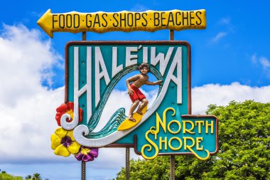 Road sign for the town of Haleiwa famed as a surfing mecca clipart