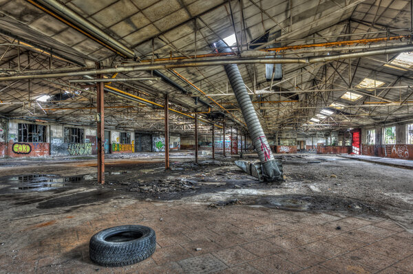 Dilapidated warehouse in an abandoned factory