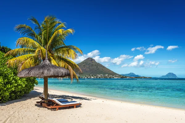 Fauteuils roulants et parasol sur la plage tropicale de Maurice — Photo