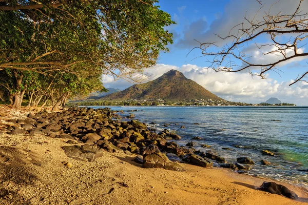 Скалистый и песчаный берег в заливе Тамарин, Маврикий — стоковое фото