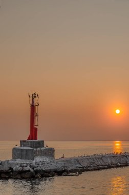 Deniz limanı. Gün batımındaki martılar. Atmosferik akşam manzarası.