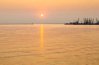 Deniz limanı. Gün batımındaki martılar. Atmosferik akşam manzarası.