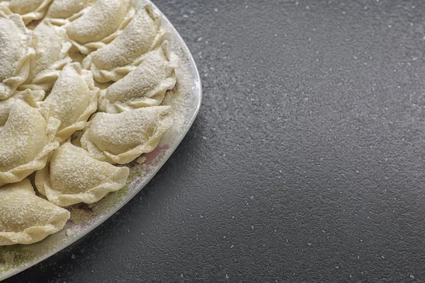 Flour Dough Top View Lot Homemade Dumplings Free Place — Stock Photo, Image