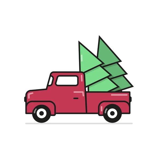 Buon Natale e felice anno nuovo. Camion con albero di Natale. Illustrazione vettoriale in design piatto — Vettoriale Stock