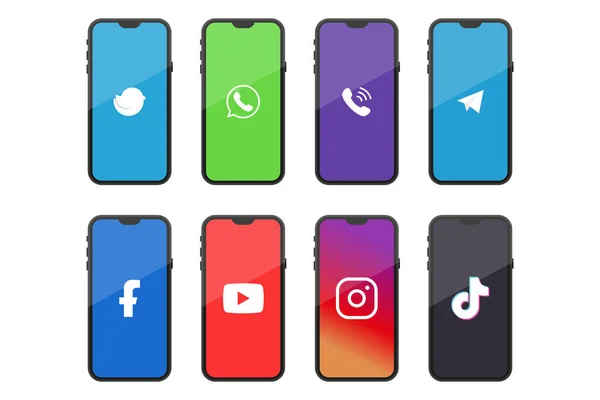 VINNITSA, UCRANIA - 18 ENERO 2021. Iconos de redes sociales en Smartphone: WhatsApp, Twitter, Viber, Telegram, Facebook, YouTube, Instagram, TikTok — Vector de stock