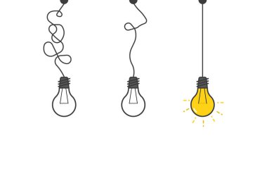 A set of pendant light bulbs with one luminous. Good idea illustration in flat design