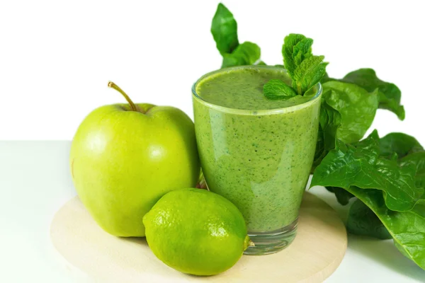 Egészséges zöld növényi turmix-spenót, uborka, alma, l — Stock Fotó