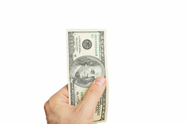 Beyaz arka plan üzerinde izole yüz dolarlık banknot tutan erkek el — Stok fotoğraf