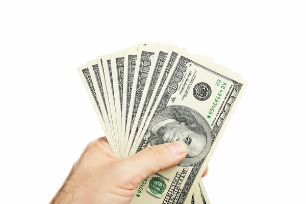 Mano maschile in possesso di una banconota da cento dollari isolato su sfondo bianco — Foto Stock