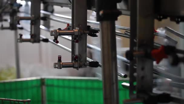 Fließband mit einer Plastikflasche Natron und Wasser in der Fabrik — Stockvideo