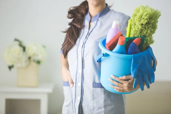 Vrouw bedrijf schoonmakende producten — Stockfoto