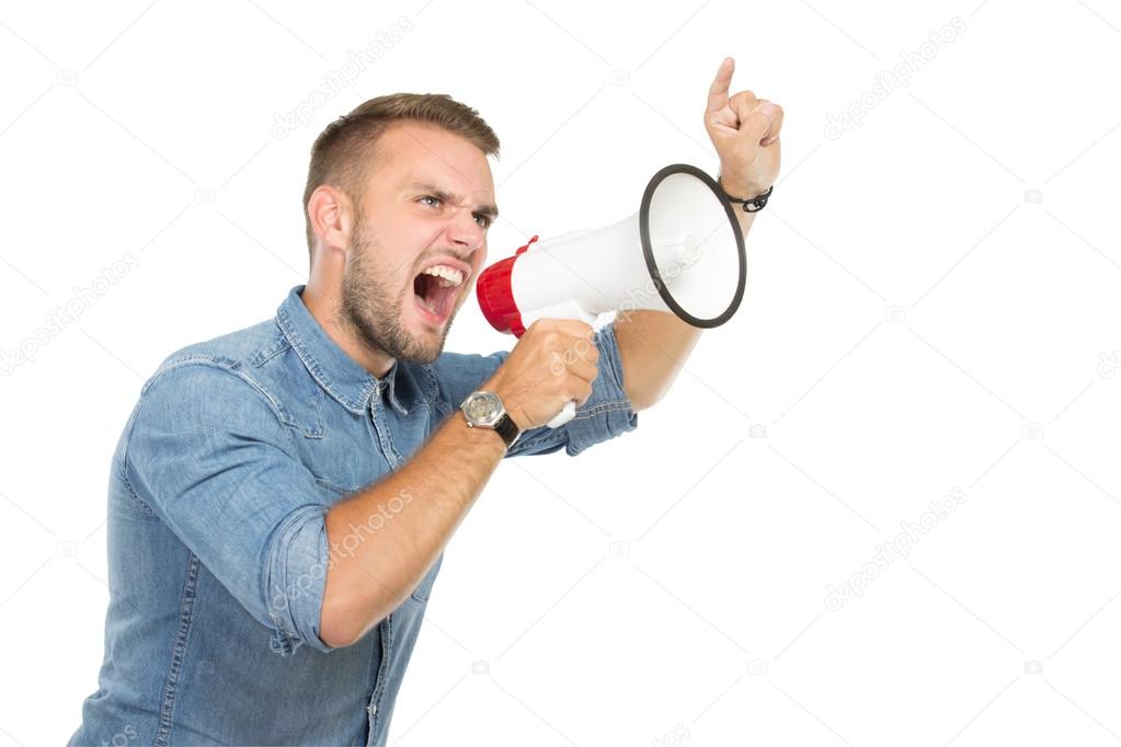 man shouting through megaphone