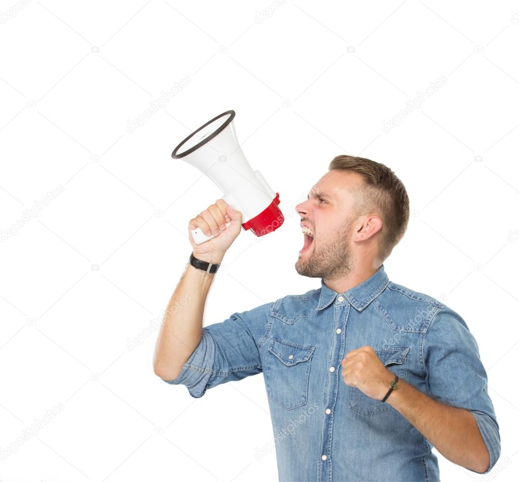 man shouting through megaphone