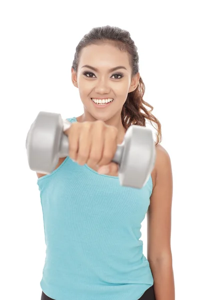 Beautiful sporty woman with dumbbell — Stock Photo, Image