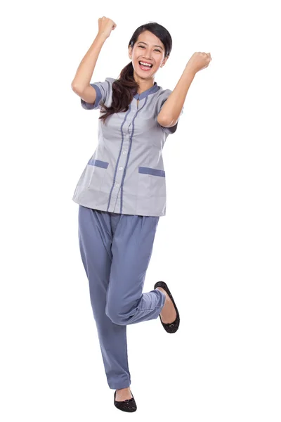 Azjatycki pokojówka w mundurze bardzo podekscytowany — Zdjęcie stockowe