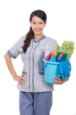 Cleaning maid woman smiling to camera clipart