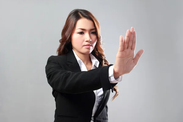 Businesswoman image of hand pushing something — Stock Photo, Image