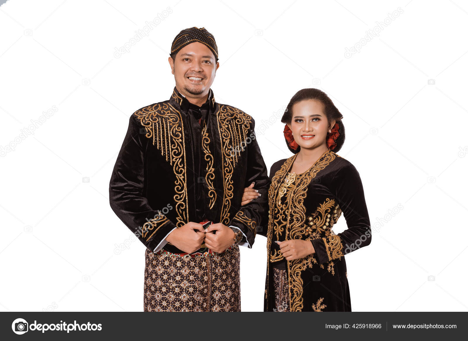 Portrait happy men and women wearing traditional javanese clothes. Stock Photo odua 425918966